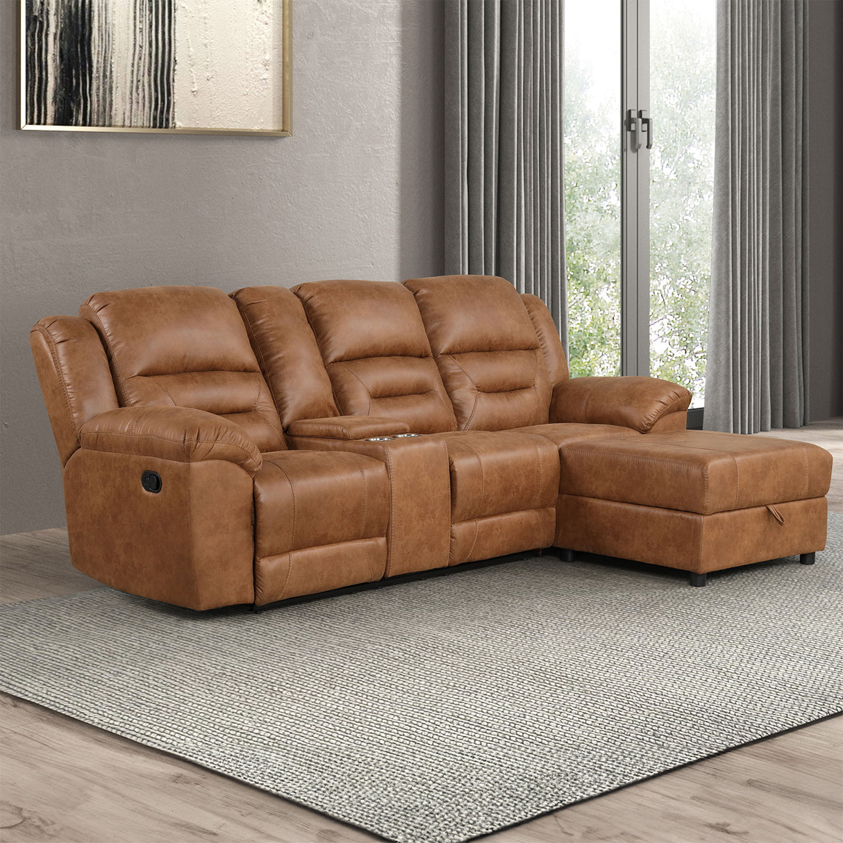 Contemporary Saddle Brown Leatherette 2pc Sectional Sofa Set Console Cup Holder Chaise Storage Recliners Adjustable Back Rest Living Room