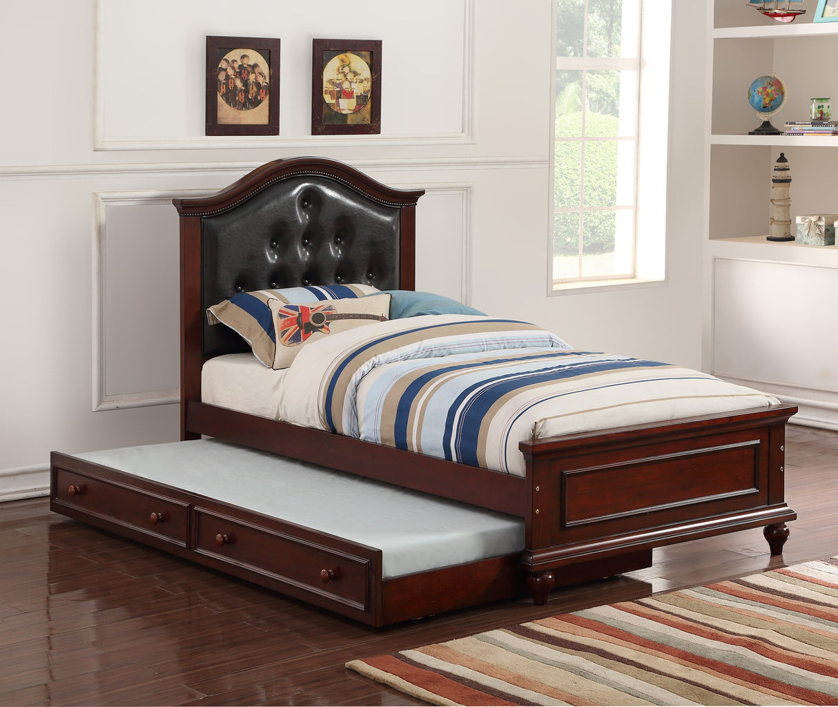 Contemporary Style Dark Cherry Twin Size Bed w/ Trundle Slats Pine Plywood Bedroom Furniture Black Faux Leather Tufted HB