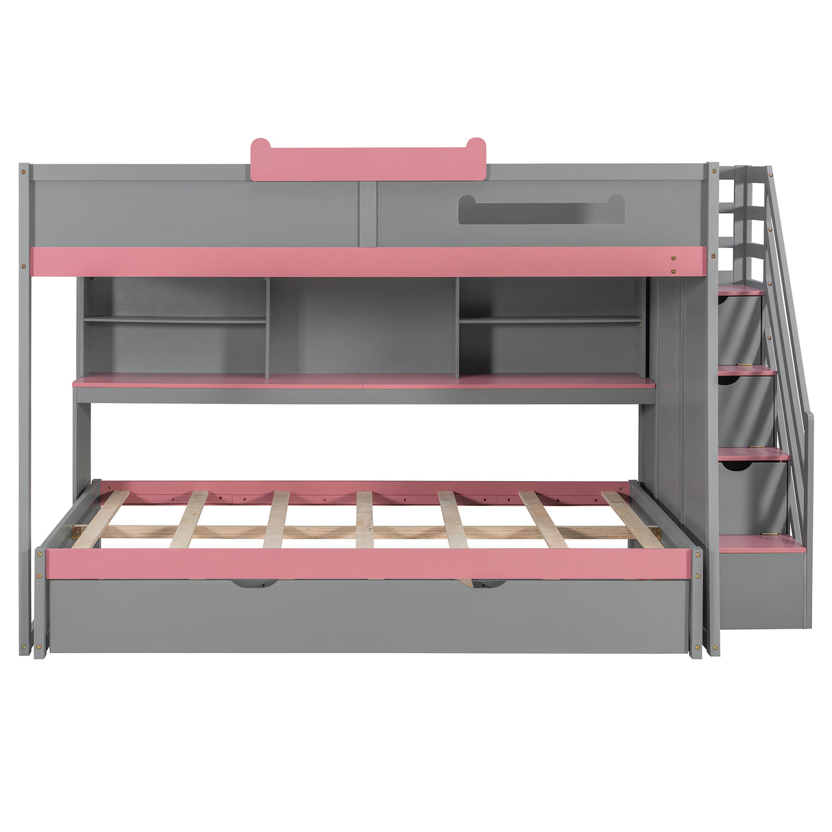 Full Over Full Bunk Bed with Twin Size Trundle and Staircase, Shelves, LED,Gray - sold by Home Elegance USA