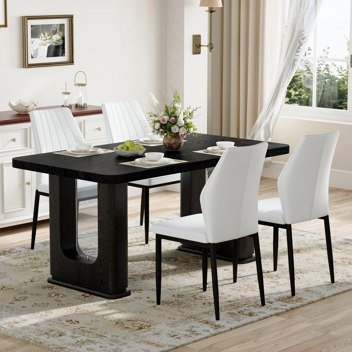 Juego de mesa y sillas. Elegante mesa de comedor de madera negra texturizada de 163 x 90 cm. Incluye 4 sillas de comedor de poliuretano blanco y negro con diseño de concha. Irradia un estilo moderno.