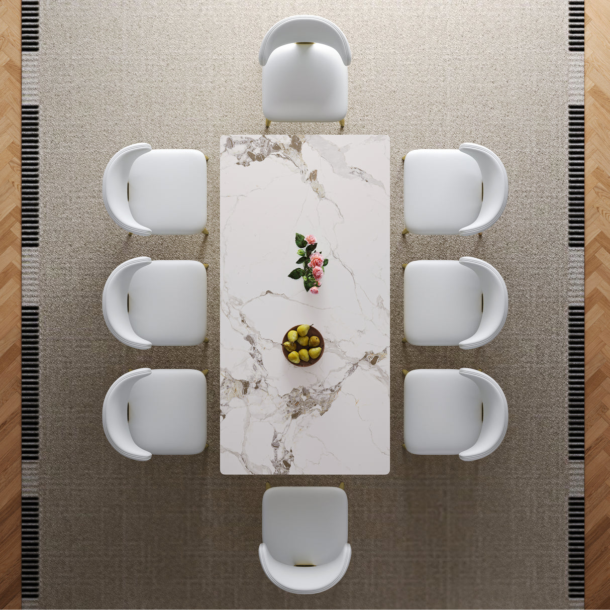 71' Rectangular Dining Table for 6-8, Modern Kitchen Table with Stylish Gold-Plated Hourglass Base, Large Dining Room Table (White+Gold) with 8 White Leather Chairs