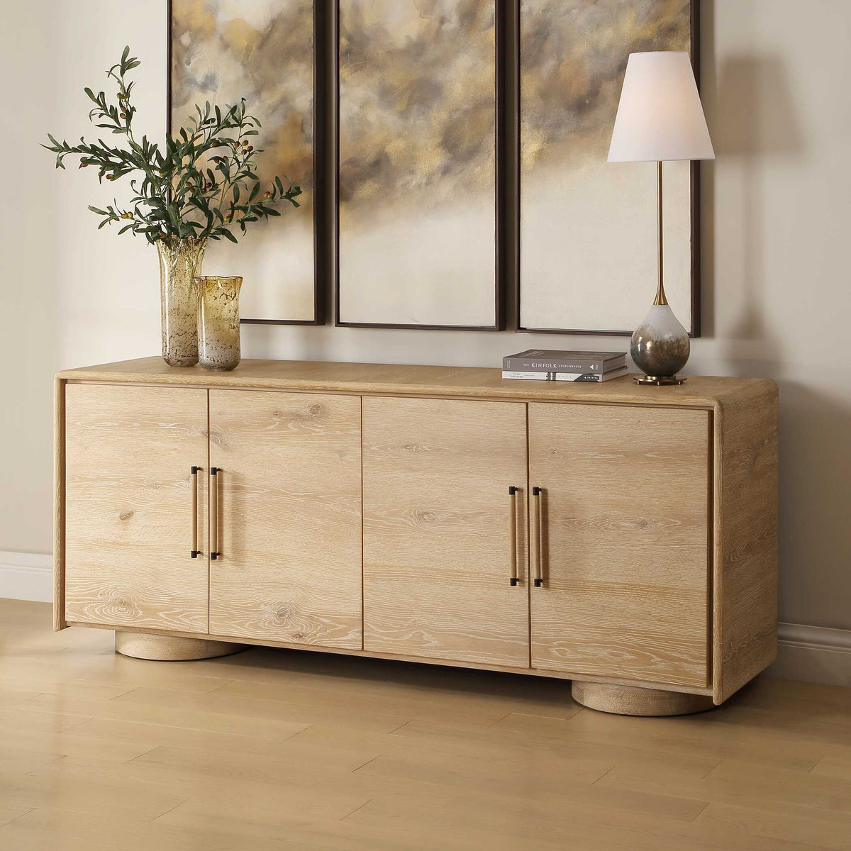 Evanston 4 Door Natural Oak Cabinet Woodtone - Light Brown by Uttermost - View 3