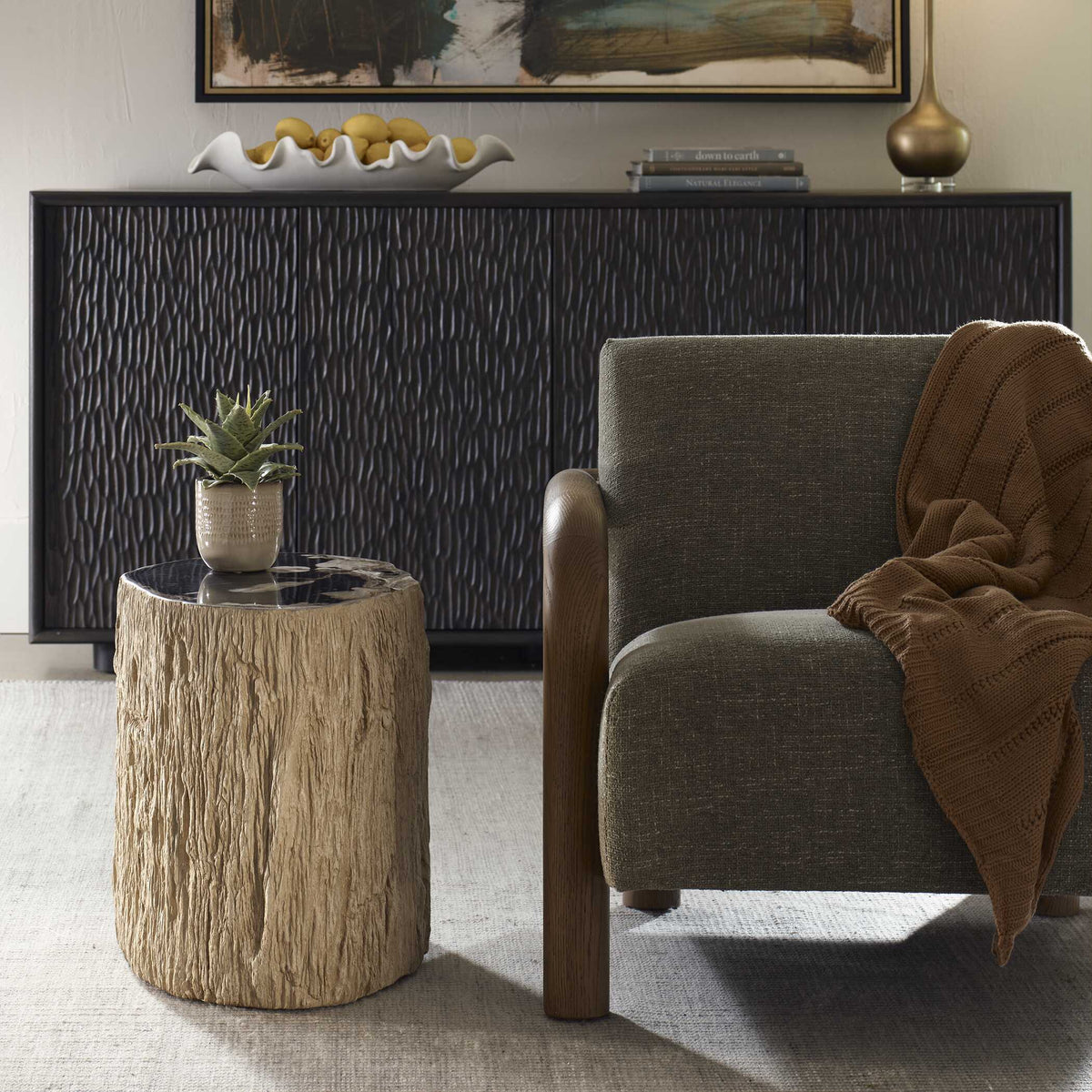 Arco Petrified Wood Top Accent Table Black / White - Beige by Uttermost - View 3