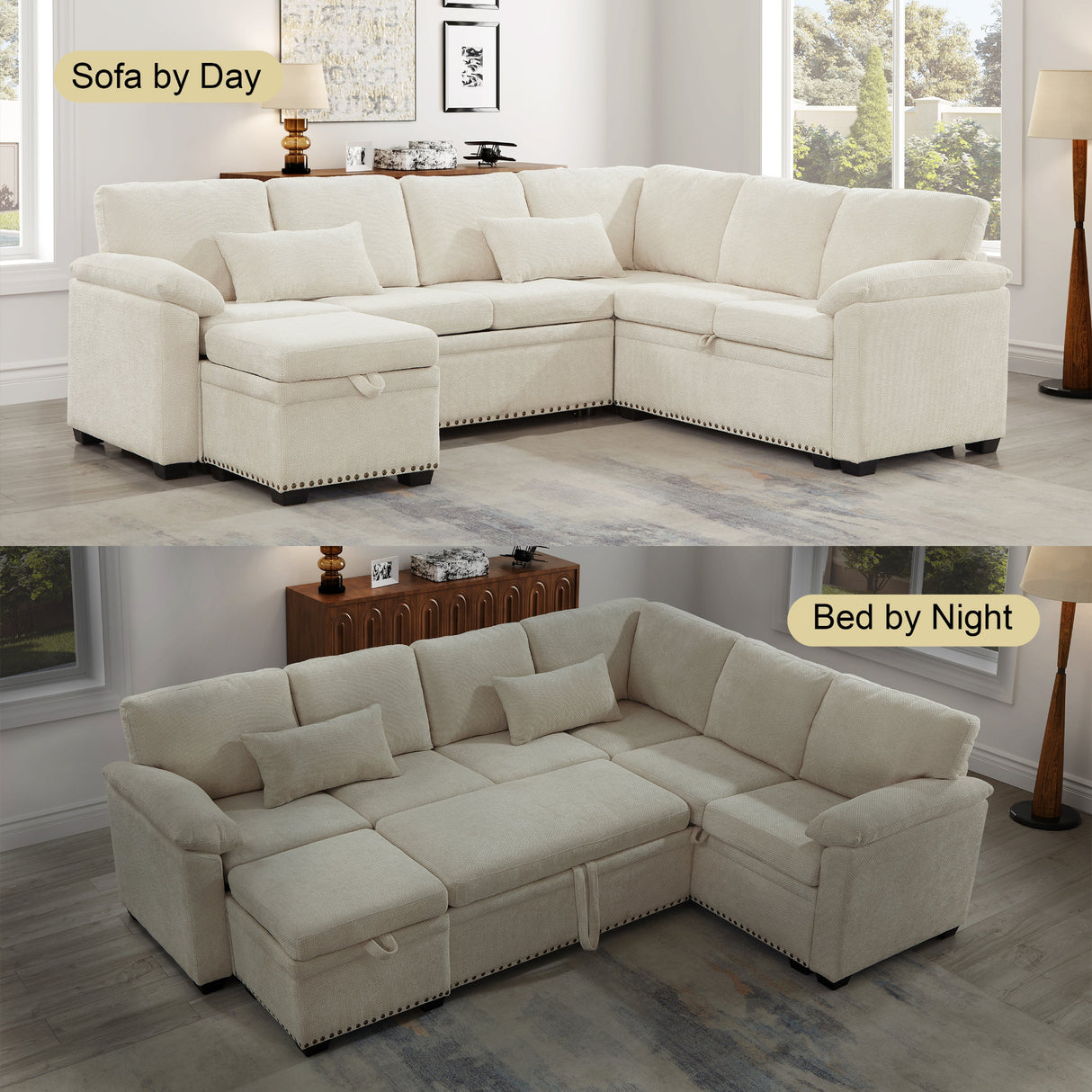 97 Inch L-Shaped Corner Sectional Sofa Couch with Seat and Storage Ottoman,Chenille Fabric Corner Couch with 7 Seats & 2 Pillows for Living Room, Beige - sold by Home Elegance USA