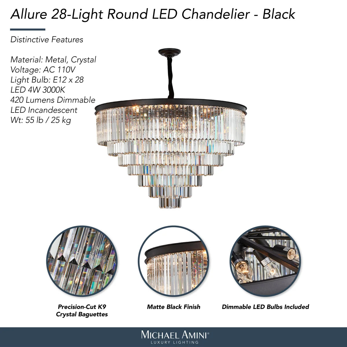 Allure 28-Light LED Chandelier – Black Round Tiered K9 Crystal Luxury Lighting