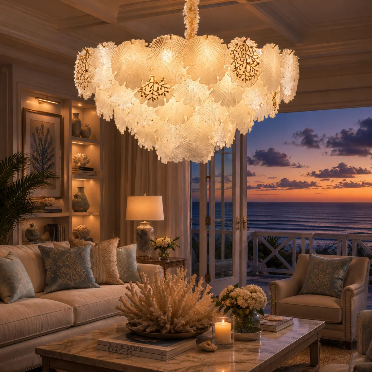Almara 18-Light Chandelier – Gold Coastal Luxury Seashell Crystal Fixture
