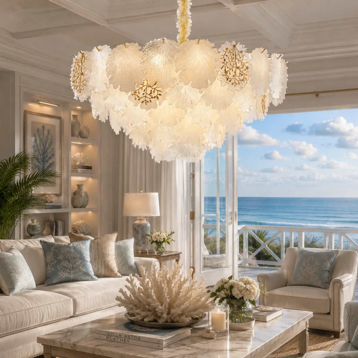 Almara 18-Light Chandelier – Gold Coastal Luxury Seashell Crystal Fixture