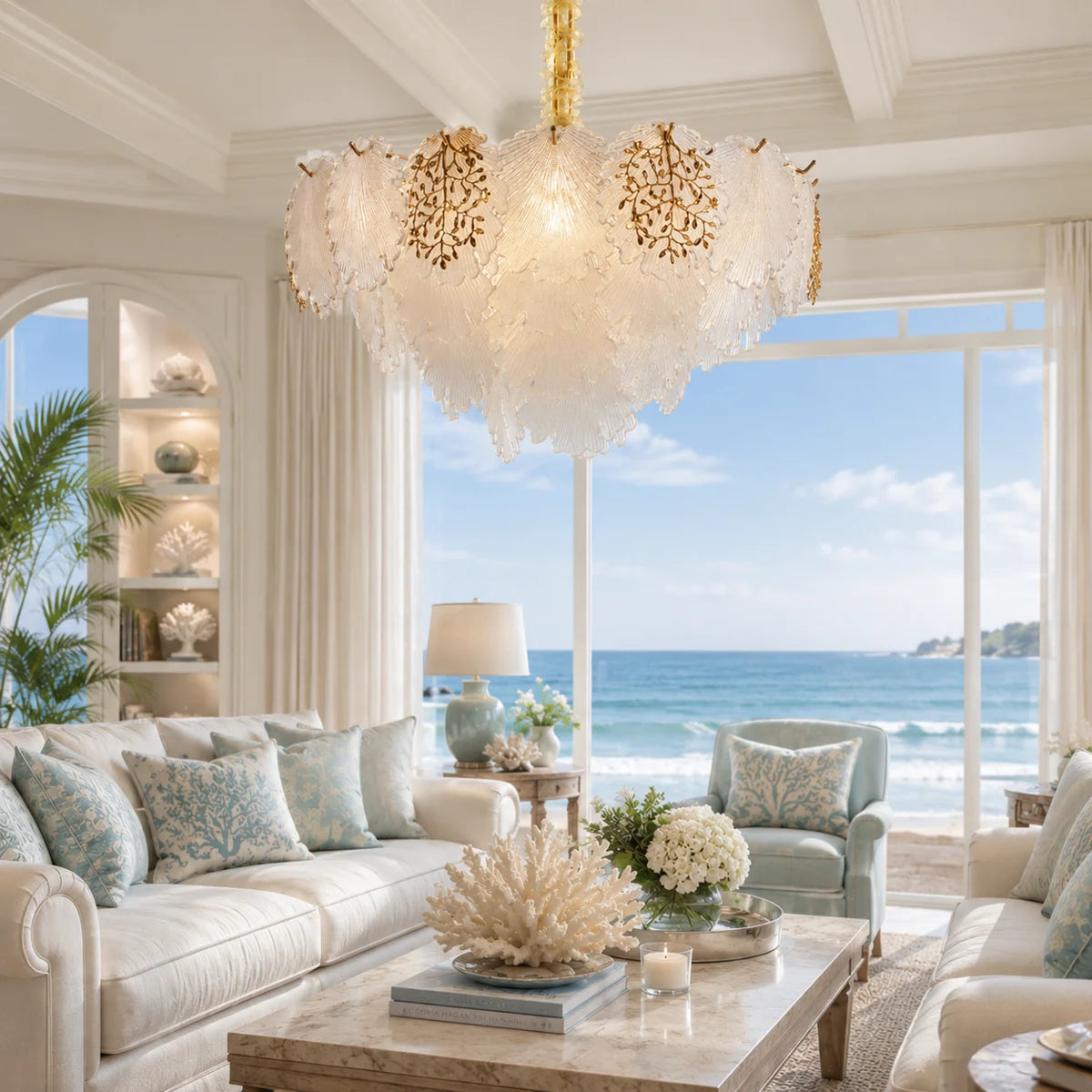 Almara 9-Light Chandelier – Gold Coastal Seashell Crystal Design Lighting Fixture