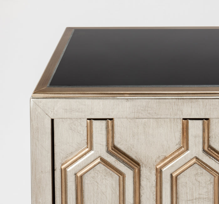 Aged Metallic Gold & Silver Cabinet 2919-S with Black Glass Top – Artmax 2919-S - Home Elegance USA