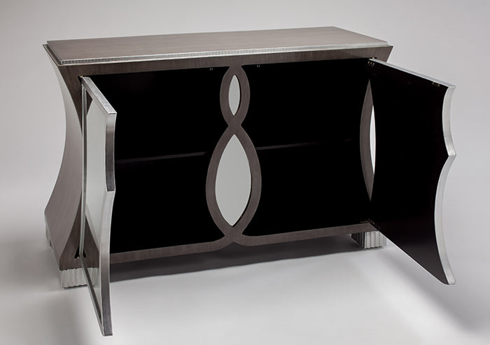 Modern console table with black and silver design on a white background