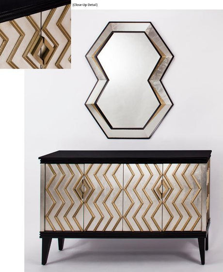 Artmax 1973-S Black Cabinet with Old World silverleaf and gold accents, 62.5''W x 16''D x 38''H, with optional 39''W x 2"D x 48''H wall mirror. Luxury storage for dining, living, or entry spaces.