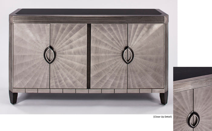 Decorative cabinet with sunburst pattern and central emblem on a white background