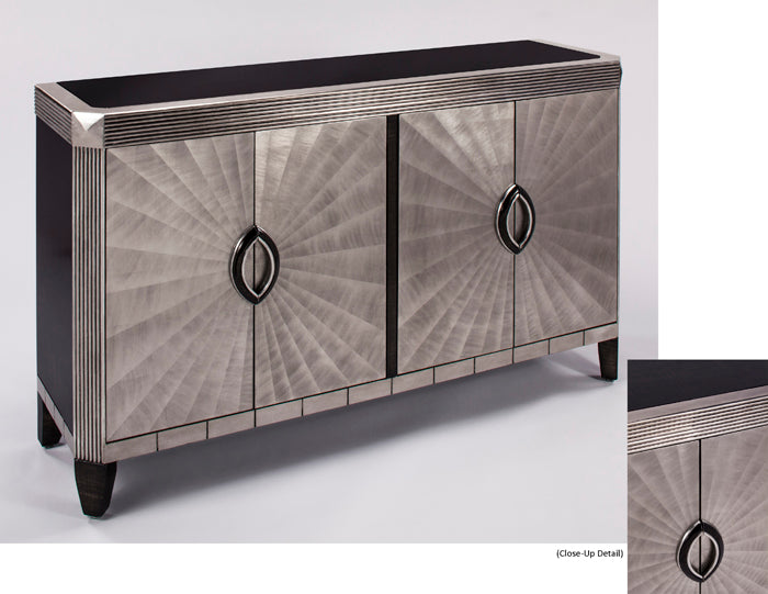 Decorative cabinet with sunburst pattern and black accents on a white background