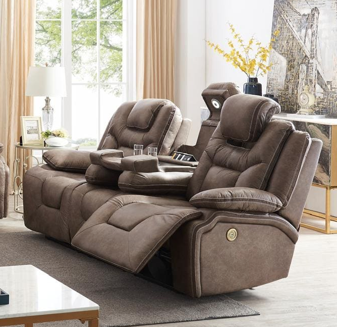 Asher Sofa by Cosmos Furniture with power reclining sofa (83×39×42); includes USB ports and LED lights.