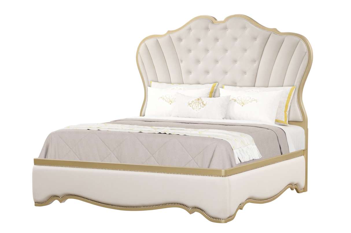 Decorative bed with tufted headboard and Ivory bedding on a white background