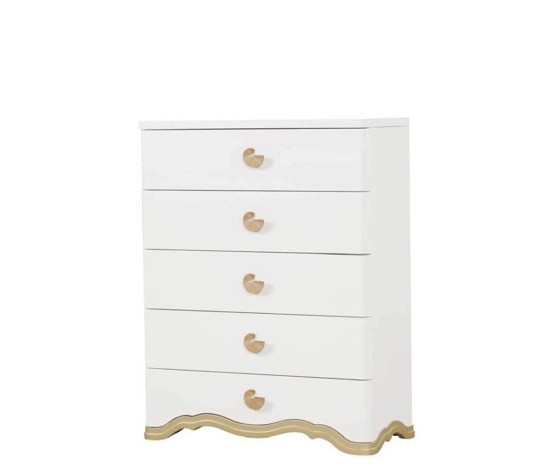 Ivory dresser with gold accents on a white background