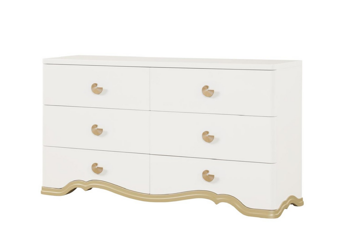 Ivory dresser with gold accents on a white background