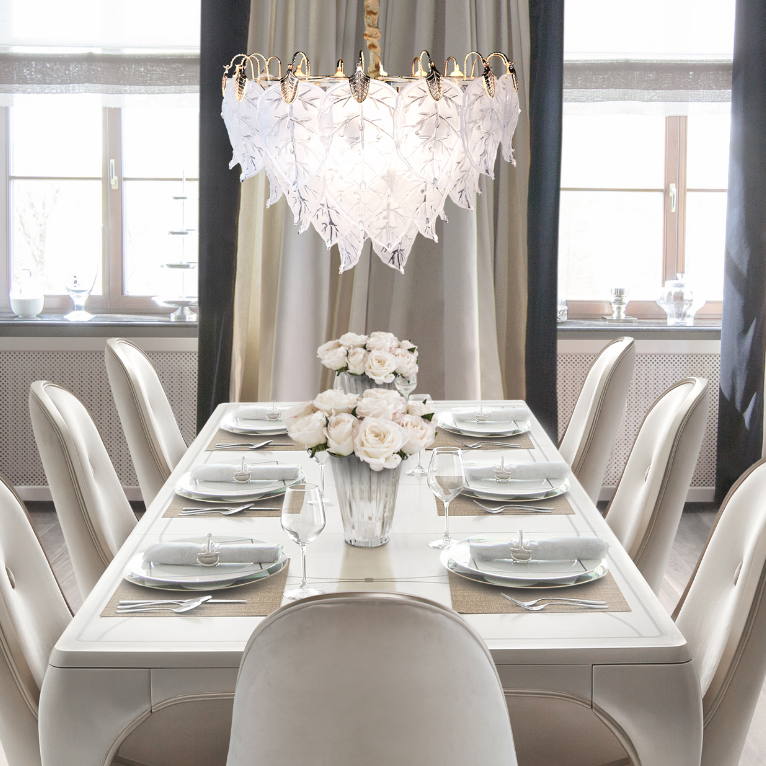 Autumn 13-Light Chandelier – Organic Frosted Glass Leaf Design Lighting Fixture