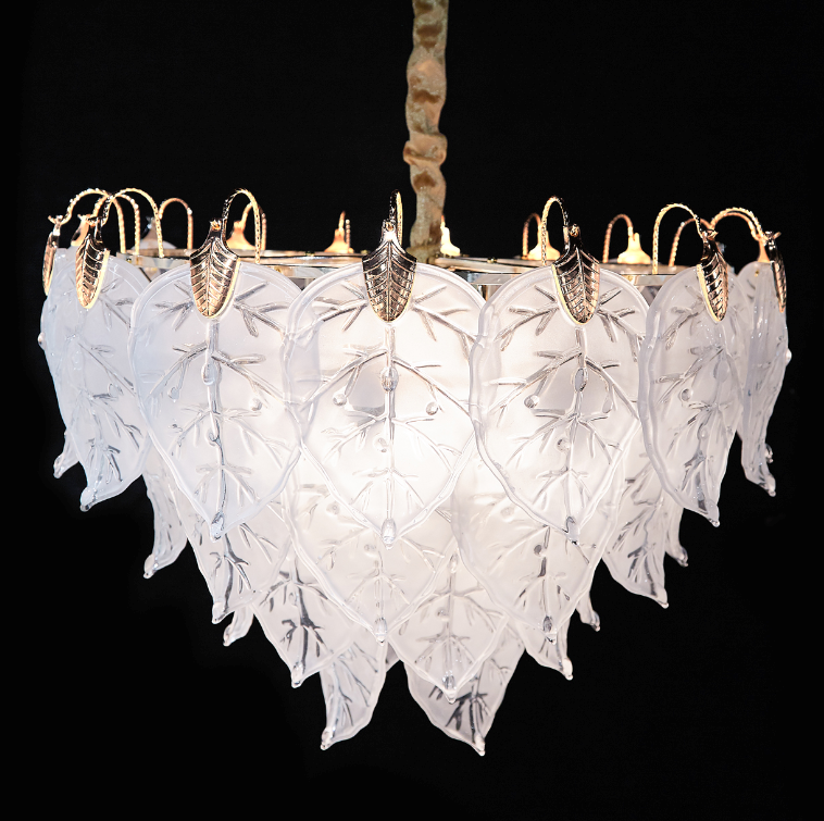 Autumn 13-Light Chandelier – Organic Frosted Glass Leaf Design Lighting Fixture