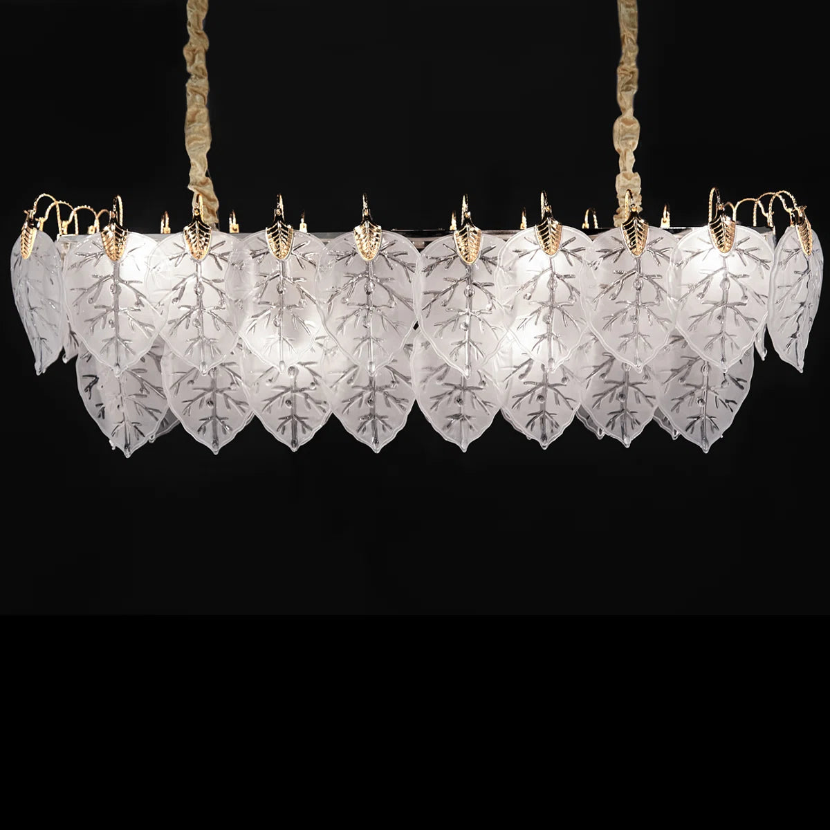Autumn Rectangular Light Chandelier – Frosted Glass Leaf Design with Gold Accents