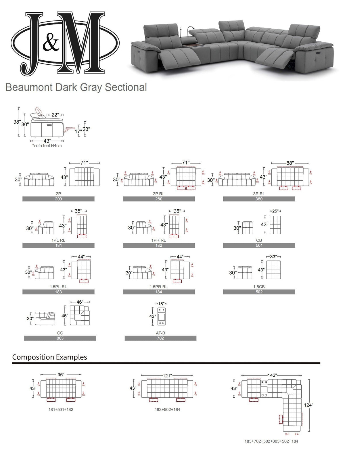 Beaumont Genuine Leather Sectional Sofa with Power Recliners – Dark Gray or Light Gray - Home Elegance USA