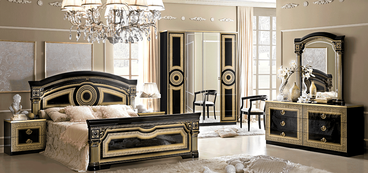 Aida 5 Piece Bedroom Queen Panel Bed Set In Black-Gold - Aidabedq.Sblack-Gold-5Set | ESF - Home Elegance USA