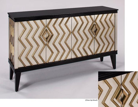 Artmax 1973-S Black Cabinet with Old World silverleaf and gold accents, 62.5''W x 16''D x 38''H, with optional 39''W x 2"D x 48''H wall mirror. Luxury storage for dining, living, or entry spaces.