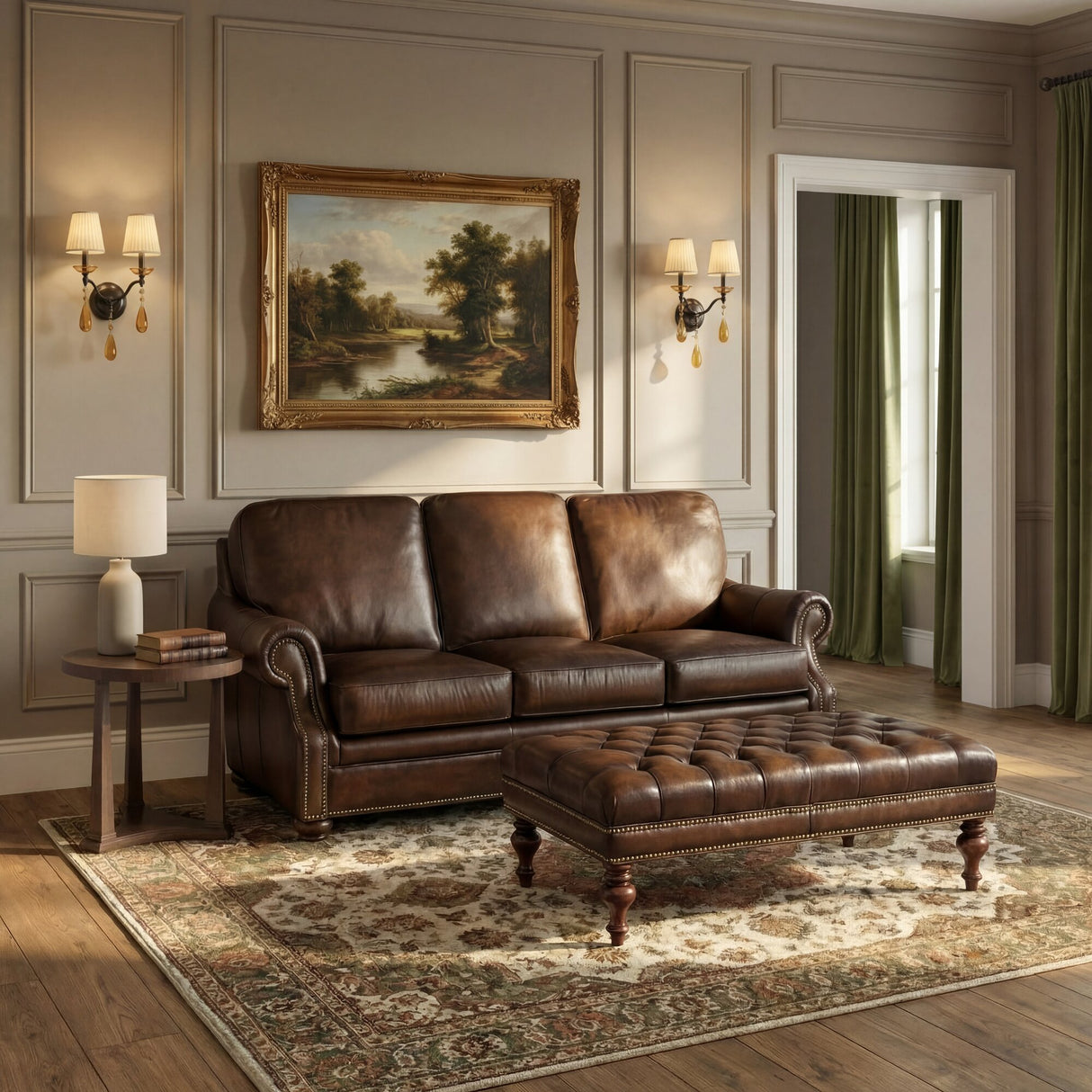 Sofá fijo de cuero Montgomery en marrón Sedona Chateau – Muebles Hooker