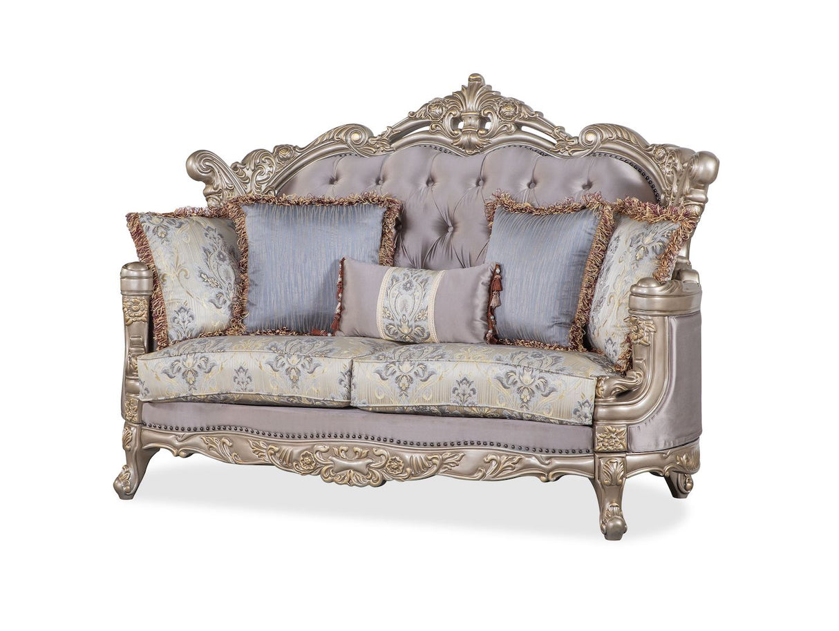 Camilla Silver Loveseat by Cosmos Furniture with tufted seating and ornate carvings