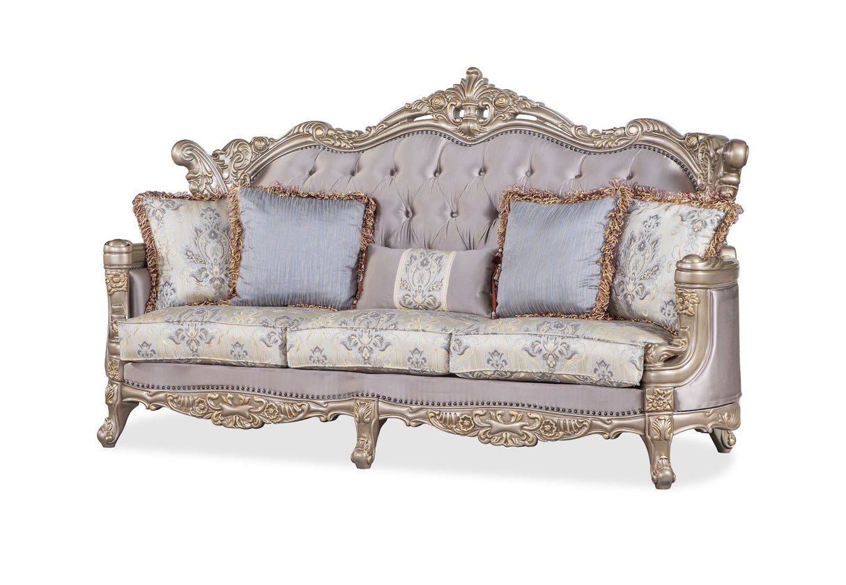 Camilla Silver Sofa by Cosmos Furniture with tufted seating and ornate carvings