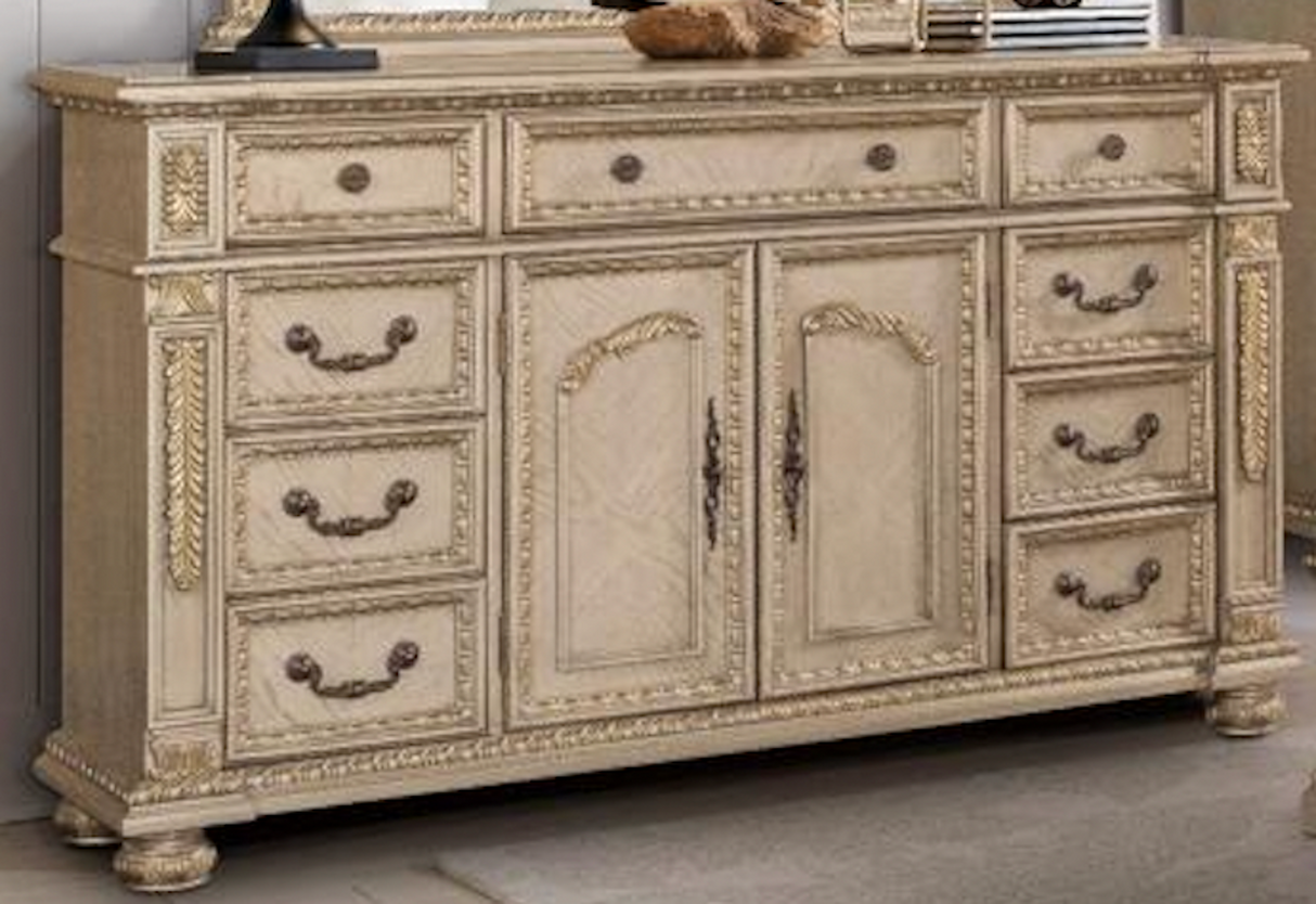 Carolina Dresser by Cosmos Furniture in gold finish with carved details.