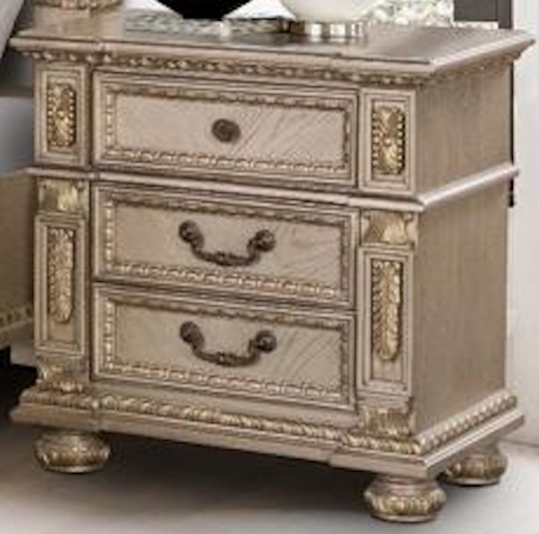Carolina Nightstand by Cosmos Furniture in gold finish with carved details.