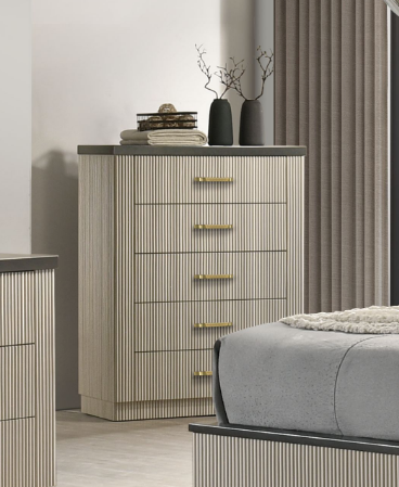 Dresser with striped design in a bedroom setting