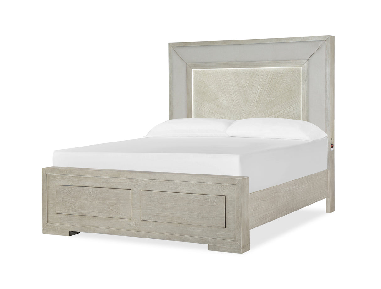Celine Bed with warm wood finish, LED headboard, bed components and storage footboard.
