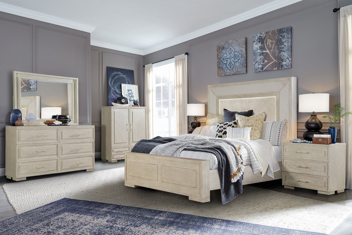Celine Bedroom Set with warm wood finish, LED headboard, dresser, mirror, nightstand, and optional chest. Includes bed components and storage footboard. Dimensions listed for each piece.