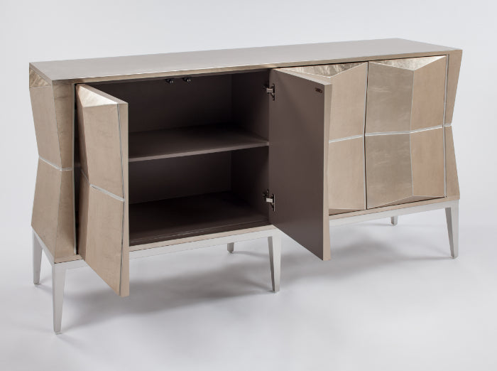 Beige sideboard with open doors on a white background