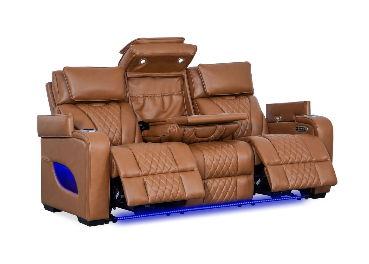 Chase Motion power reclining sofa (83×39×44), featuring wireless charging, USB ports, and multi-color LED lighting.