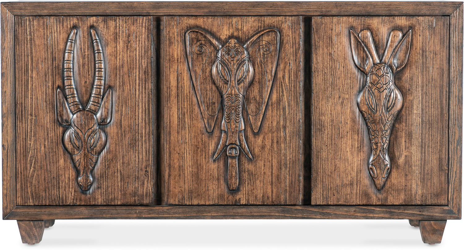Wooden cabinet with animal head carvings on a white background Home Elegance USA