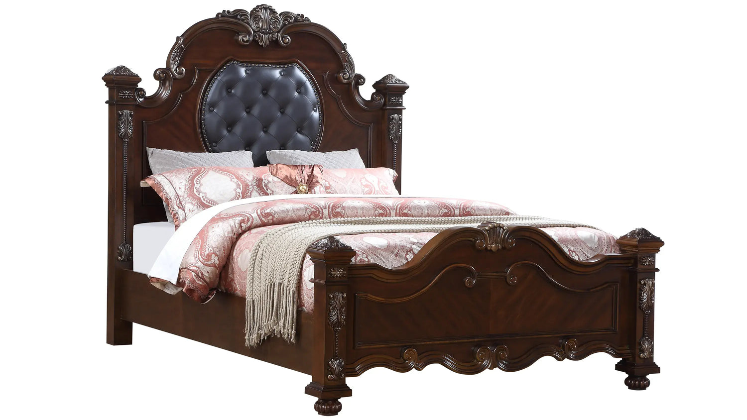 Elegant Destiny bed in cherry finish with solid wood construction and decorative carved details