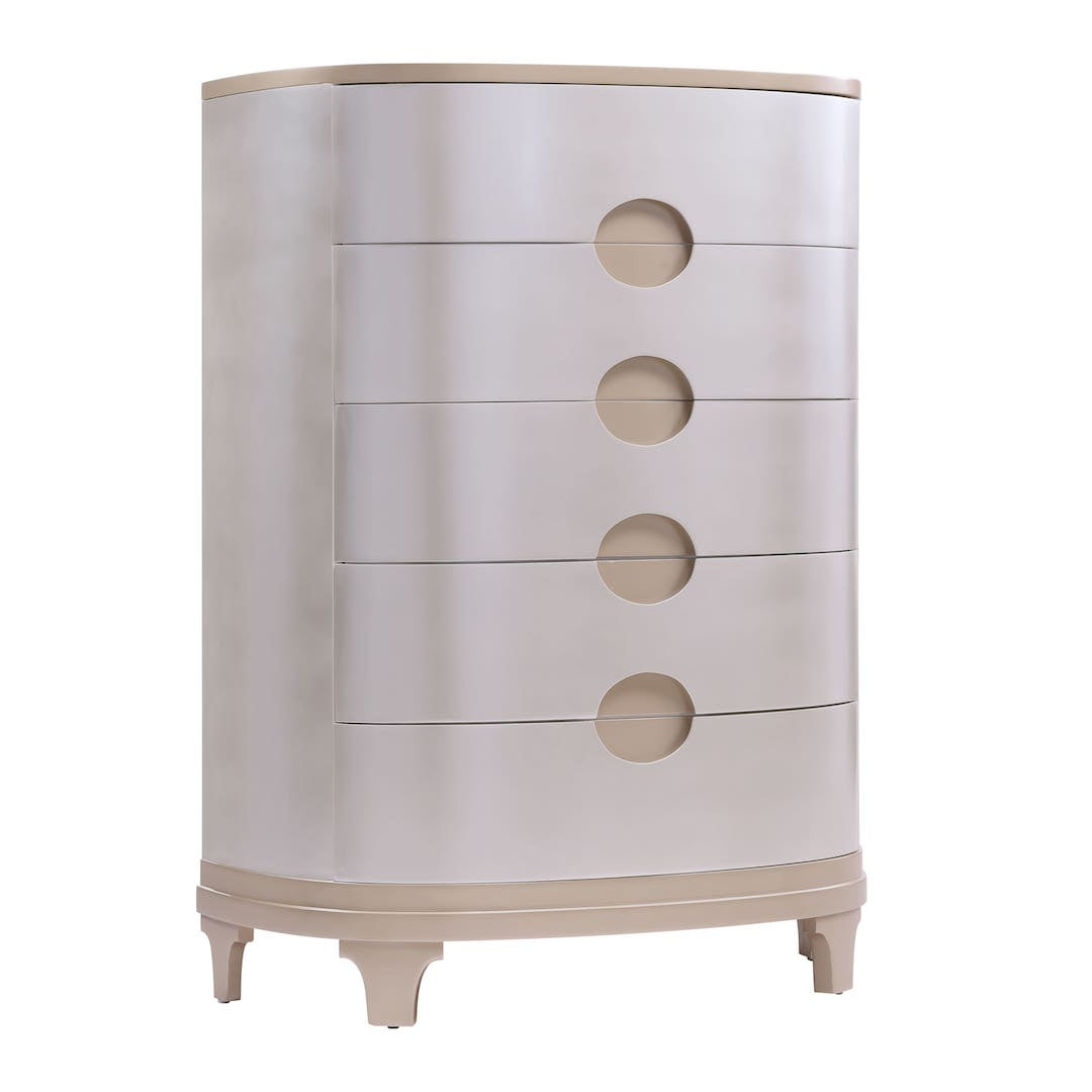 Round wooden dresser with four drawers on a white background