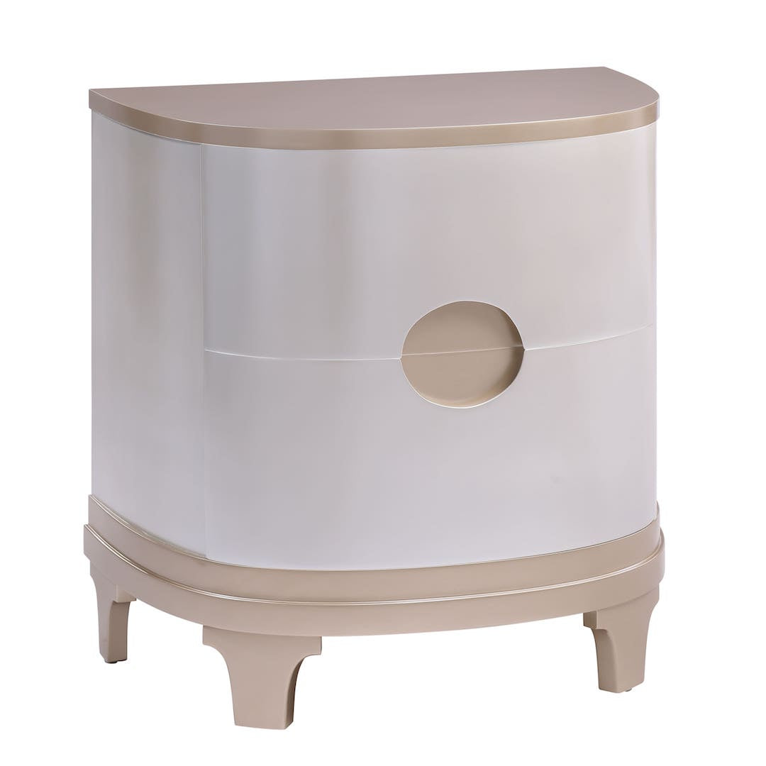 Half-moon shaped side table with a round cutout on a white background