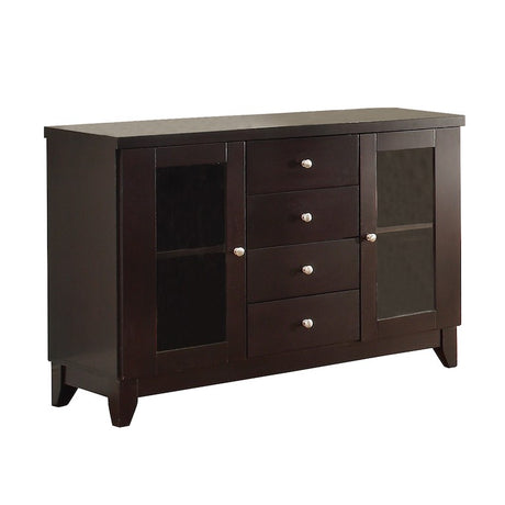 Homelegance Daisy Server in espresso finish with glass doors, 4 drawers, and nickel hardware. Measures 52"W × 18"D × 36"H. Perfect dining buffet cabinet.
