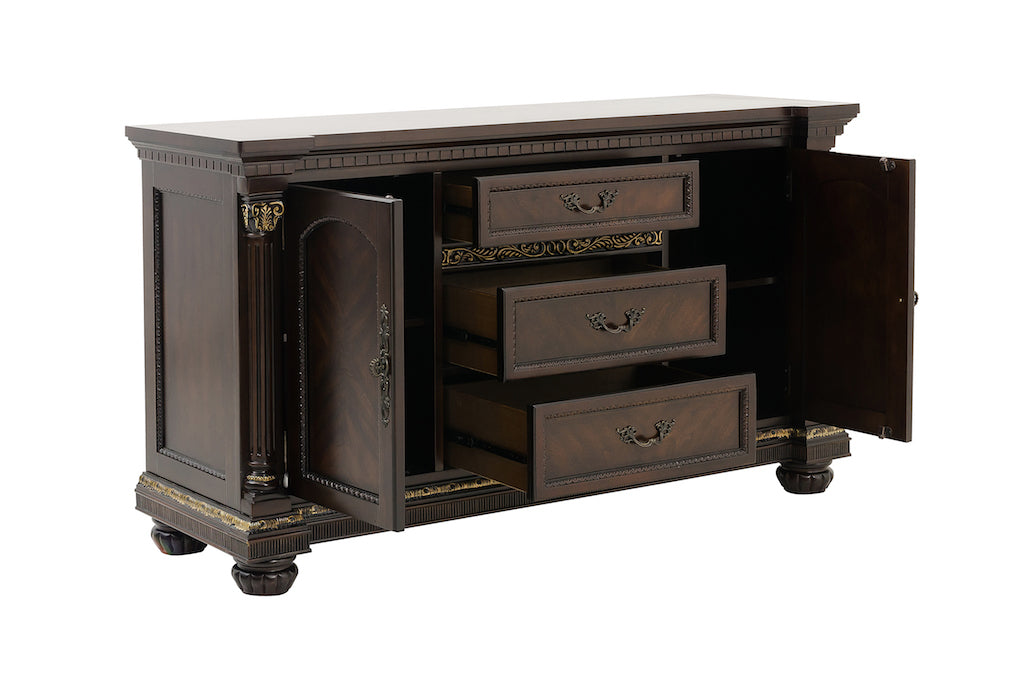 Dark wooden sideboard with open doors and drawers on a white background