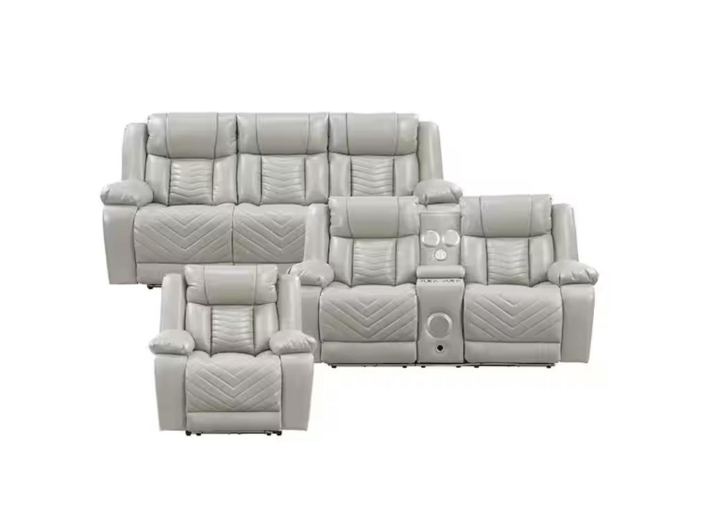Huron 3-Piece Power Reclining Living Room Set Gray Faux Leather – Homelegance