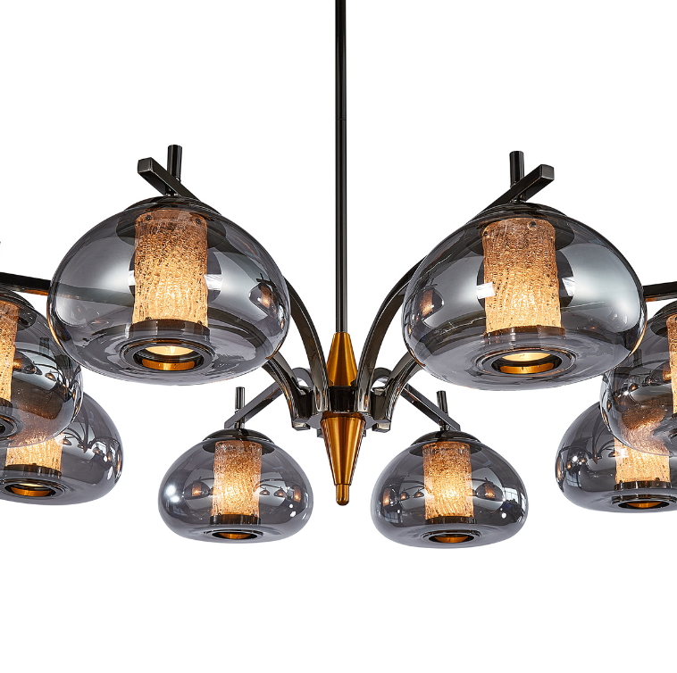 Ember 8-Light LED Gold Chandelier with Smoked Glass Domes and Sculptural Arms
