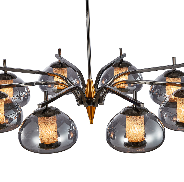 Ember 8-Light LED Gold Chandelier with Smoked Glass Domes and Sculptural Arms