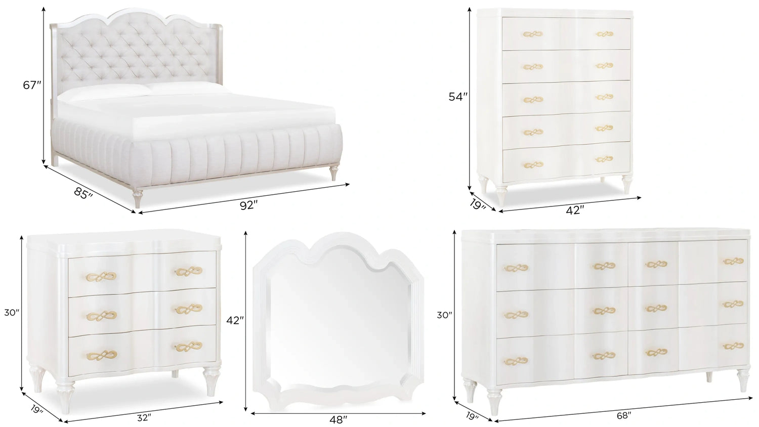 Madona King 6-piece transitional bedroom set in pearl finish with tufted headboard, solid wood frame, and elegant gold hardware by Cosmos Furniture 597110610