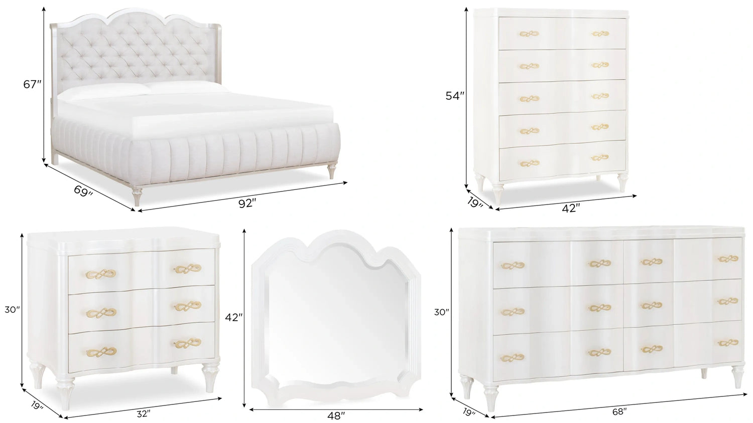 Madona Queen 6-piece transitional bedroom set in pearl finish with tufted headboard, solid wood frame, and elegant gold hardware by Cosmos Furniture 592110610