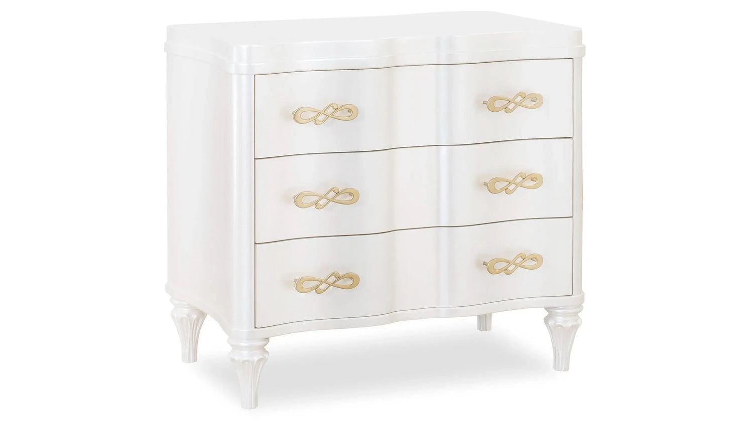Madona transitional nightstand in pearl finish, solid wood frame, and elegant gold hardware by Cosmos Furniture 515110750
