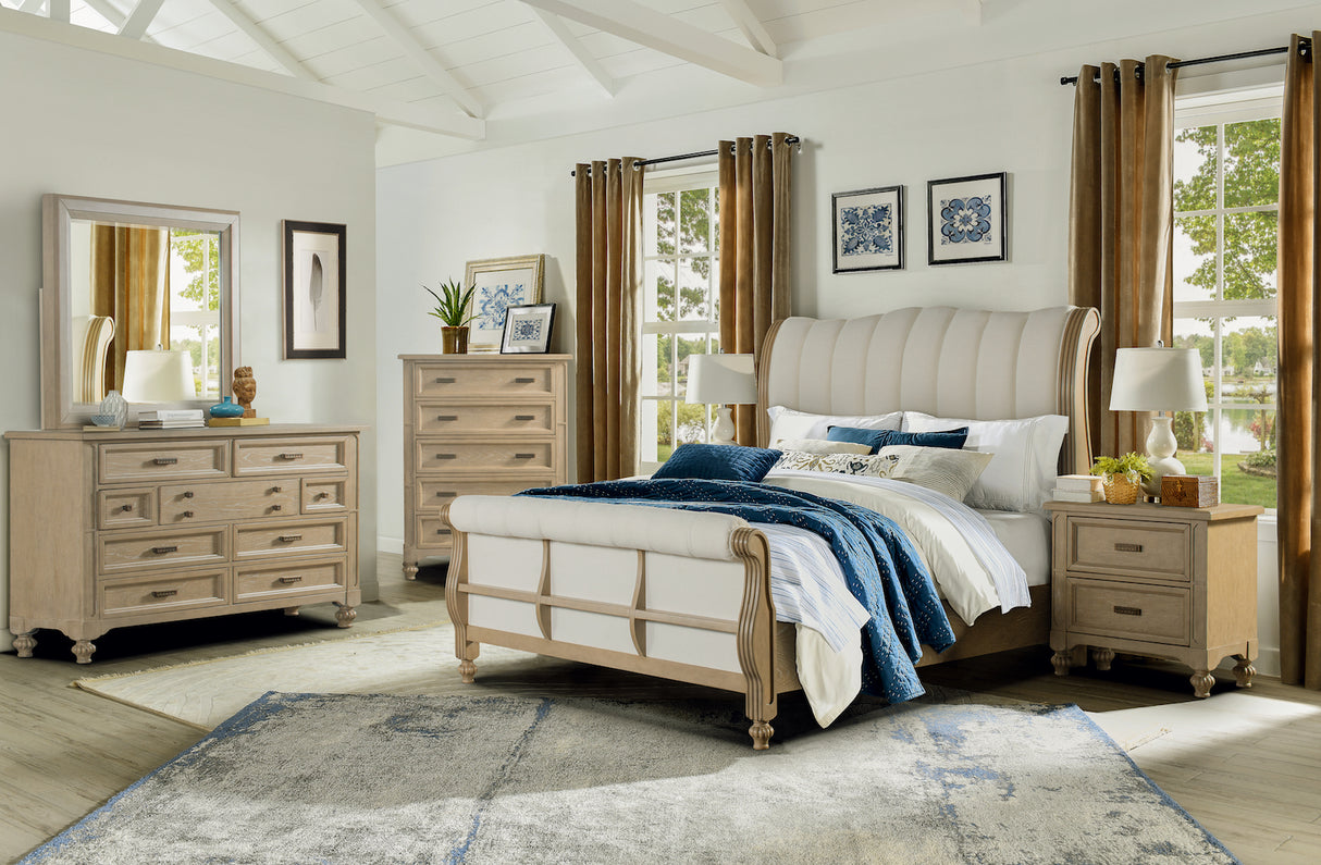 Marina Bedroom Set by Cosmos Furniture with rich wood sleigh bed (queen or king), dresser 68W x 18D x 40H inches, mirror, nightstand, and chest 42W x 18D x 54H inches, styled in a classic transitional design.